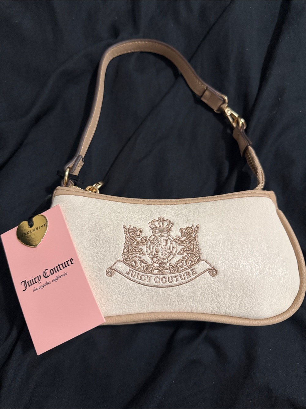 Juicy Couture Cream Shoulder Bag with Tan Trim and Crest Embroidery